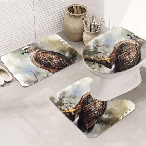STVYUKL 3-teiliges Badezimmerteppich-Set, rutschfest, waschbar, Duschmatten mit U-förmiger Kontur, WC-Vorleger, saugfähige Mikrofaser, Badematten, Aquarell von Hawk, Badezimmer-Bodenmatten für von STVYUKL