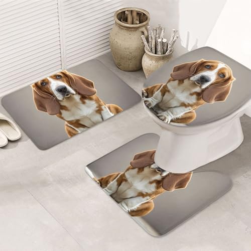 STVYUKL 3-teiliges Badezimmerteppich-Set, rutschfest, waschbar, Duschmatten mit U-förmiger Kontur, WC-Vorleger, saugfähige Mikrofaser, Badematten, Basset Hound, Badezimmer-Bodenmatten für Badewanne von STVYUKL