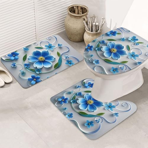 STVYUKL 3-teiliges Badezimmerteppich-Set, rutschfest, waschbar, Duschmatten mit U-förmiger Kontur, WC-Vorleger, saugfähige Mikrofaser, Badematten, Blau, Mini-Blumen-Wirbel, Badezimmer-Bodenmatten für von STVYUKL