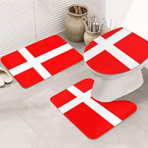 STVYUKL 3-teiliges Badezimmerteppich-Set, rutschfest, waschbar, Duschmatten mit U-förmiger Kontur, WC-Vorleger, saugfähige Mikrofaser, Badematten, Dänemark, dänische Flagge, Badezimmer-Fußmatten für von STVYUKL