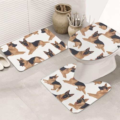 STVYUKL 3-teiliges Badezimmerteppich-Set, rutschfest, waschbar, Duschmatten mit U-förmiger Kontur, WC-Vorleger, saugfähige Mikrofaser, Badematten, Deutscher Schäferhund, Badezimmer-Fußmatten für von STVYUKL