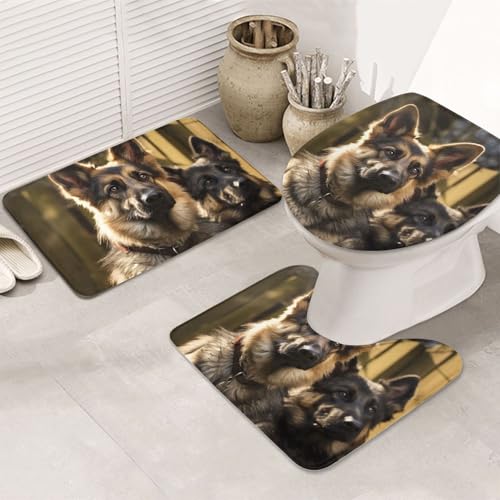 STVYUKL 3-teiliges Badezimmerteppich-Set, rutschfest, waschbar, Duschmatten mit U-förmiger Kontur, WC-Vorleger, saugfähige Mikrofaser, Badematten, Deutscher Schäferhund, Badezimmer-Fußmatten für von STVYUKL