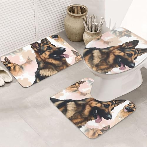 STVYUKL 3-teiliges Badezimmerteppich-Set, rutschfest, waschbar, Duschmatten mit U-förmiger Kontur, WC-Vorleger, saugfähige Mikrofaser, Badematten, Deutscher Schäferhund, Hundeliebhaber von STVYUKL