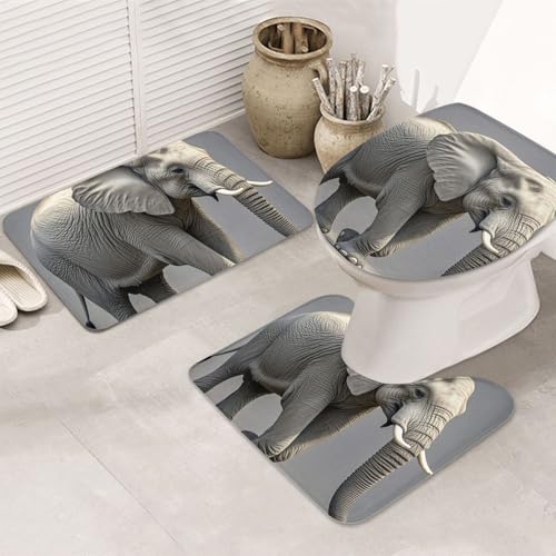 STVYUKL 3-teiliges Badezimmerteppich-Set, rutschfest, waschbar, Duschmatten mit U-förmiger Kontur, WC-Vorleger, saugfähige Mikrofaser, Badematten, Elefant, Badezimmer-Fußmatten für Badewanne, Dusche von STVYUKL