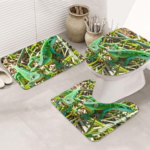 STVYUKL 3-teiliges Badezimmerteppich-Set, rutschfest, waschbar, Duschmatten mit U-förmiger Kontur, WC-Vorleger, saugfähige Mikrofaser, Badematten, Gecko-Eidechsen, Badezimmer-Bodenmatten für Badewanne von STVYUKL