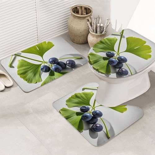 STVYUKL 3-teiliges Badezimmerteppich-Set, rutschfest, waschbar, Duschmatten mit U-förmiger Kontur, WC-Vorleger, saugfähige Mikrofaser, Badematten, Ginkgoblätter und Beeren, Badezimmer-Bodenmatten für von STVYUKL