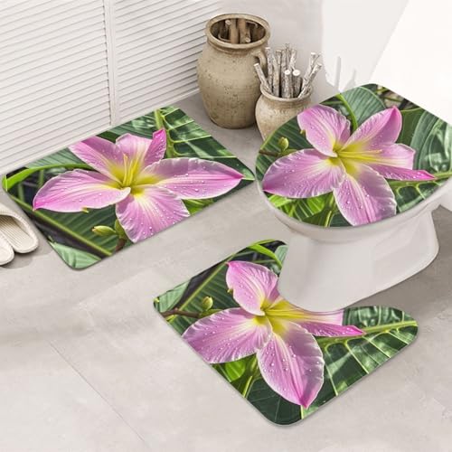 STVYUKL 3-teiliges Badezimmerteppich-Set, rutschfest, waschbar, Duschmatten mit U-förmiger Kontur, WC-Vorleger, saugfähige Mikrofaser, Badematten, Hawaii, tropische Blume, Badezimmer-Fußmatten für von STVYUKL