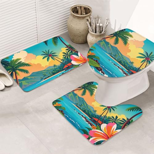 STVYUKL 3-teiliges Badezimmerteppich-Set, rutschfest, waschbar, Duschmatten mit U-förmiger Kontur, WC-Vorleger, saugfähige Mikrofaser, Badematten, Hello Hawaii, Badezimmer-Bodenmatten für Badewanne von STVYUKL