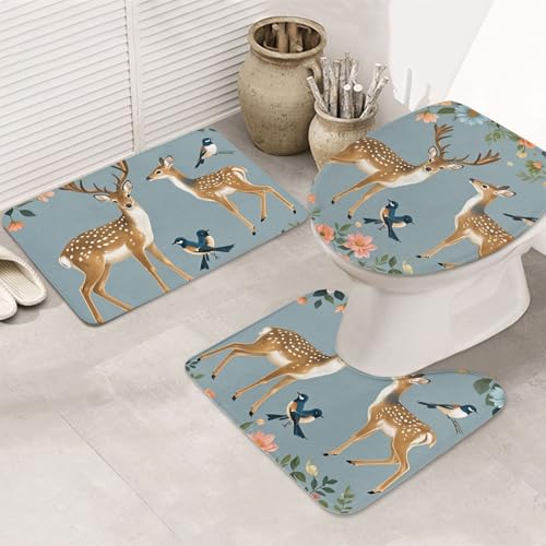 STVYUKL 3-teiliges Badezimmerteppich-Set, rutschfest, waschbar, Duschmatten mit U-förmiger Kontur, WC-Vorleger, saugfähige Mikrofaser, Badematten, Hirsch, Vögel mit Blumen, Badezimmer-Fußmatten für von STVYUKL