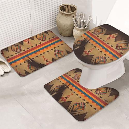 STVYUKL 3-teiliges Badezimmerteppich-Set, rutschfest, waschbar, Duschmatten mit U-förmiger Kontur, WC-Vorleger, saugfähige Mikrofaser, Badematten, Indianer-Badezimmer-Fußmatten für Badewanne von STVYUKL