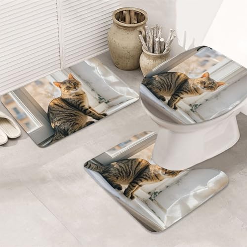 STVYUKL 3-teiliges Badezimmerteppich-Set, rutschfest, waschbar, Duschmatten mit U-förmiger Kontur, WC-Vorleger, saugfähige Mikrofaser, Badematten, Katze, die auf Fensterbank sitzt von STVYUKL