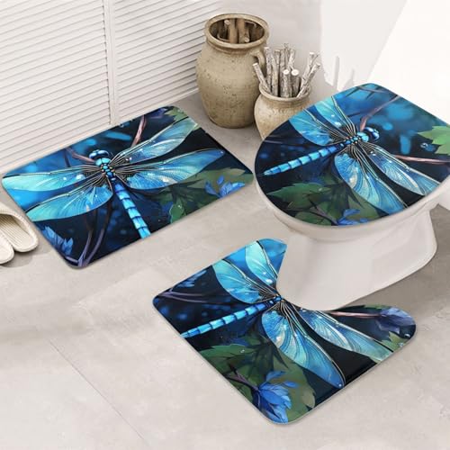 STVYUKL 3-teiliges Badezimmerteppich-Set, rutschfest, waschbar, Duschmatten mit U-förmiger Kontur, WC-Vorleger, saugfähige Mikrofaser, Badematten, Kunst, blaue Libelle, Badezimmer-Bodenmatten für von STVYUKL
