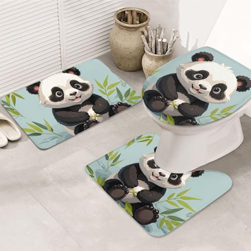 STVYUKL 3-teiliges Badezimmerteppich-Set, rutschfest, waschbar, Duschmatten mit U-förmiger Kontur, WC-Vorleger, saugfähige Mikrofaser, Badematten, Panda, Badezimmer-Fußmatten für Badewanne, Dusche von STVYUKL