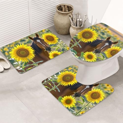 STVYUKL 3-teiliges Badezimmerteppich-Set, rutschfest, waschbar, Duschmatten mit U-förmiger Kontur, WC-Vorleger, saugfähige Mikrofaser, Badematten, Pferd und Sonnenblume, Badezimmer-Bodenmatten für von STVYUKL