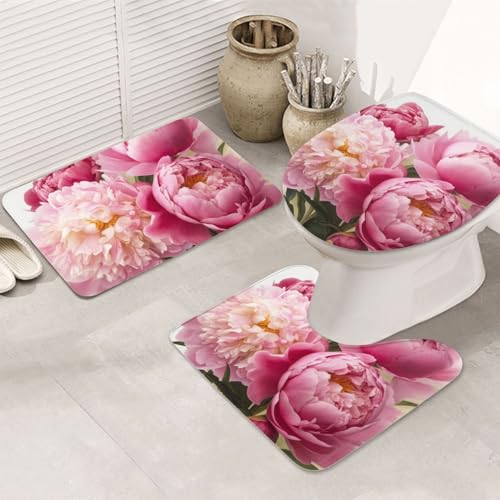 STVYUKL 3-teiliges Badezimmerteppich-Set, rutschfest, waschbar, Duschmatten mit U-förmiger Kontur, WC-Vorleger, saugfähige Mikrofaser, Badematten, Pfingstrosen, Blumen, Blüten, Badezimmer-Bodenmatten von STVYUKL