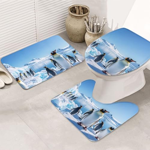 STVYUKL 3-teiliges Badezimmerteppich-Set, rutschfest, waschbar, Duschmatten mit U-förmiger Kontur, WC-Vorleger, saugfähige Mikrofaser, Badematten, Pinguin, Antarktis, Eis, Badezimmer-Fußmatten für von STVYUKL