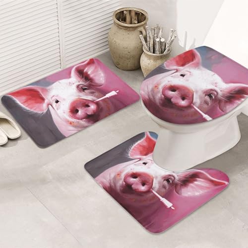 STVYUKL 3-teiliges Badezimmerteppich-Set, rutschfest, waschbar, Duschmatten mit U-förmiger Kontur, WC-Vorleger, saugfähige Mikrofaser, Badematten, Schwein, Badezimmer-Fußmatten für Badewanne von STVYUKL