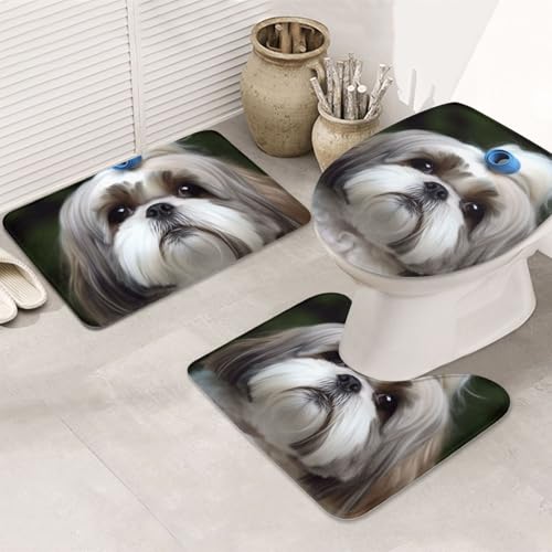 STVYUKL 3-teiliges Badezimmerteppich-Set, rutschfest, waschbar, Duschmatten mit U-förmiger Kontur, WC-Vorleger, saugfähige Mikrofaser, Badematten, Shih Tzu Hund, Badezimmer, Bodenmatten für Badewanne von STVYUKL