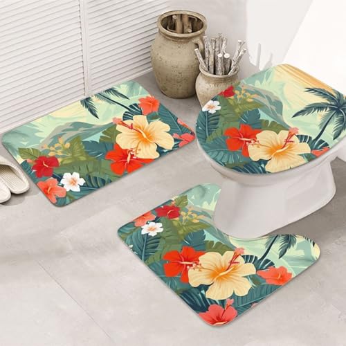 STVYUKL 3-teiliges Badezimmerteppich-Set, rutschfest, waschbar, Duschmatten mit U-förmiger Kontur, WC-Vorleger, saugfähige Mikrofaser, Badematten, Sommer, hawaiianisches Badezimmer, Bodenmatten für von STVYUKL