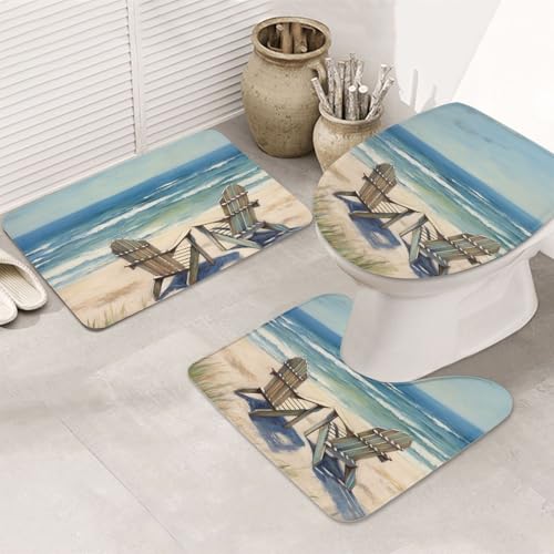 STVYUKL 3-teiliges Badezimmerteppich-Set, rutschfest, waschbar, Duschmatten mit U-förmiger Kontur, WC-Vorleger, saugfähige Mikrofaser, Badematten, Strandszene mit Stühlen, Badezimmer-Fußmatten für von STVYUKL