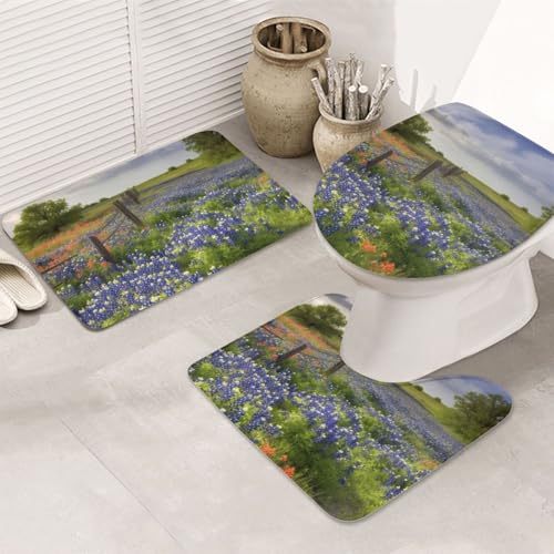 STVYUKL 3-teiliges Badezimmerteppich-Set, rutschfest, waschbar, Duschmatten mit U-förmiger Kontur, WC-Vorleger, saugfähige Mikrofaser, Badematten, Texas, Bluebonnets, Landschaft, Badezimmer-Fußmatten STVYUKL 3-teiliges Badezimmerteppich-Set, rutschfest, waschbar, Duschmatten mit U-förmiger Kontur, WC-Vorleger, saugfähige Mikrofaser, Badematten, Texas, Bluebonnets, Landschaft, Badezimmer-Fußmatten von STVYUKL
