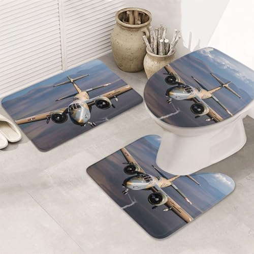 STVYUKL 3-teiliges Badezimmerteppich-Set, rutschfest, waschbar, Duschmatten mit U-förmiger Kontur, WC-Vorleger, saugfähige Mikrofaser, Badematten, US-Armee-Flugzeug, Badezimmer-Fußmatten für Badewanne von STVYUKL