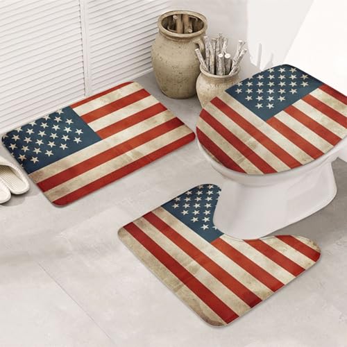 STVYUKL 3-teiliges Badezimmerteppich-Set, rutschfest, waschbar, Duschmatten mit U-förmiger Kontur, WC-Vorleger, saugfähige Mikrofaser, Badematten, Vintage, amerikanische USA-Flagge von STVYUKL