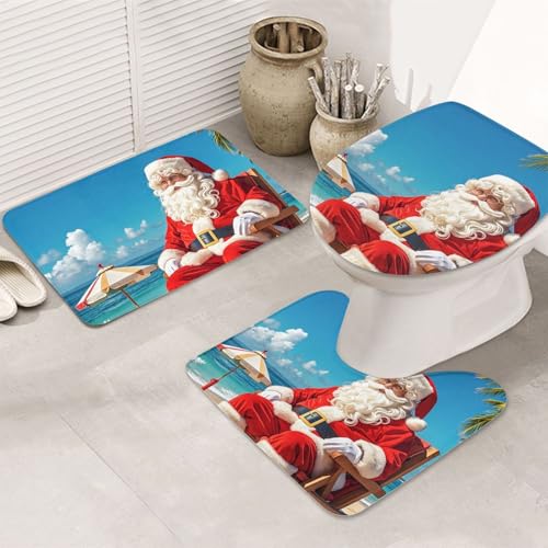 STVYUKL 3-teiliges Badezimmerteppich-Set, rutschfest, waschbar, Duschmatten mit U-förmiger Kontur, WC-Vorleger, saugfähige Mikrofaser, Badematten, Weihnachtsmann am Strand, Badezimmer-Fußmatten für STVYUKL 3-teiliges Badezimmerteppich-Set, rutschfest, waschbar, Duschmatten mit U-förmiger Kontur, WC-Vorleger, saugfähige Mikrofaser, Badematten, Weihnachtsmann am Strand, Badezimmer-Fußmatten für von STVYUKL