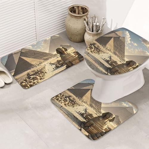 STVYUKL 3-teiliges Badezimmerteppich-Set, rutschfest, waschbar, Duschmatten mit U-förmiger Kontur, WC-Vorleger, saugfähige Mikrofaser, Badematten, ägyptische Pyramiden, Badezimmer-Fußmatten für von STVYUKL