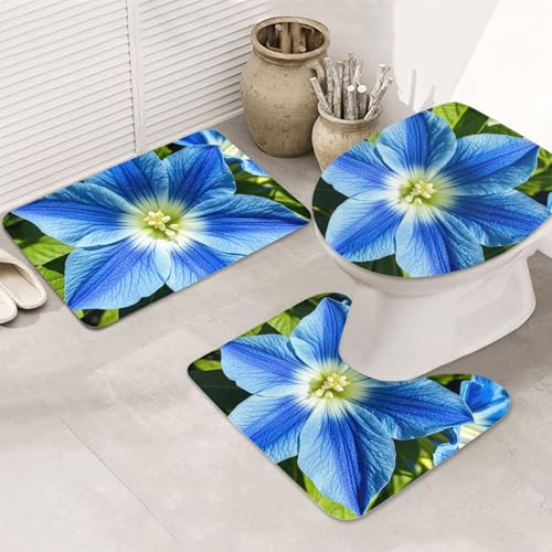 STVYUKL 3-teiliges Badezimmerteppich-Set, rutschfest, waschbar, Duschmatten mit U-förmiger Kontur, WC-Vorleger, saugfähige Mikrofaser, Badematten, blaue Blumen, Badezimmer-Fußmatten für Badewanne von STVYUKL