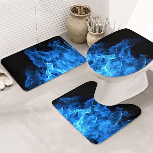STVYUKL 3-teiliges Badezimmerteppich-Set, rutschfest, waschbar, Duschmatten mit U-förmiger Kontur, WC-Vorleger, saugfähige Mikrofaser, Badematten, blaue Flamme, Badezimmer-Fußmatten für Badewanne von STVYUKL