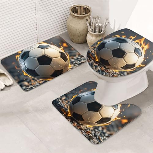 STVYUKL 3-teiliges Badezimmerteppich-Set, rutschfest, waschbar, Duschmatten mit U-förmiger Kontur, WC-Vorleger, saugfähige Mikrofaser, Badematten, brennender Fußball, Badezimmer-Fußmatten für von STVYUKL