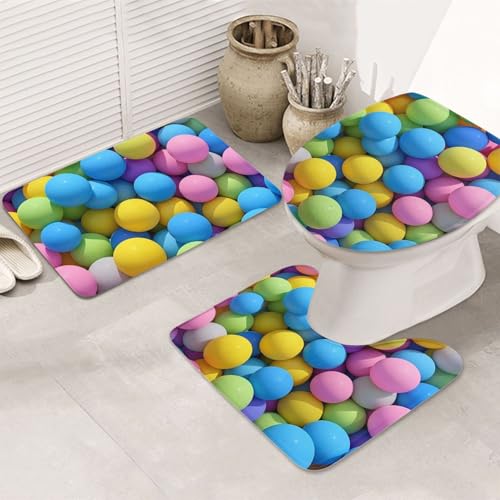 STVYUKL 3-teiliges Badezimmerteppich-Set, rutschfest, waschbar, Duschmatten mit U-förmiger Kontur, WC-Vorleger, saugfähige Mikrofaser, Badematten, bunte Kugeln, Badezimmer-Fußmatten für Badewanne von STVYUKL