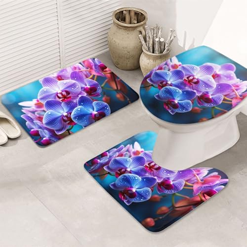 STVYUKL 3-teiliges Badezimmerteppich-Set, rutschfest, waschbar, Duschmatten mit U-förmiger Kontur, WC-Vorleger, saugfähige Mikrofaser, Badematten, bunte Orchideen, Blumen, Badezimmer-Fußmatten für von STVYUKL
