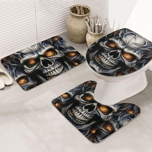 STVYUKL 3-teiliges Badezimmerteppich-Set, rutschfest, waschbar, Duschmatten mit U-förmiger Kontur, WC-Vorleger, saugfähige Mikrofaser, Badematten, cooler böser Totenkopf, Badezimmer-Bodenmatten für von STVYUKL