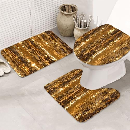 STVYUKL 3-teiliges Badezimmerteppich-Set, rutschfest, waschbar, Duschmatten mit U-förmiger Kontur, WC-Vorleger, saugfähige Mikrofaser, Badematten, goldfarbene Pailletten, glitzernd von STVYUKL
