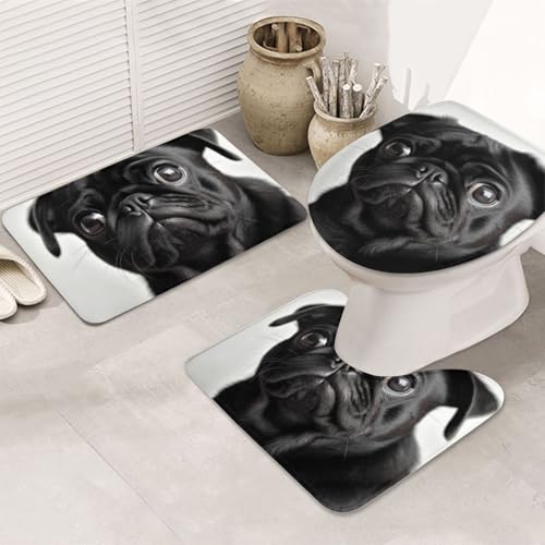 STVYUKL 3-teiliges Badezimmerteppich-Set, rutschfest, waschbar, Duschmatten mit U-förmiger Kontur, WC-Vorleger, saugfähige Mikrofaser, Badematten, niedlicher schwarzer Mops, Hund, Badezimmer-Fußmatten von STVYUKL