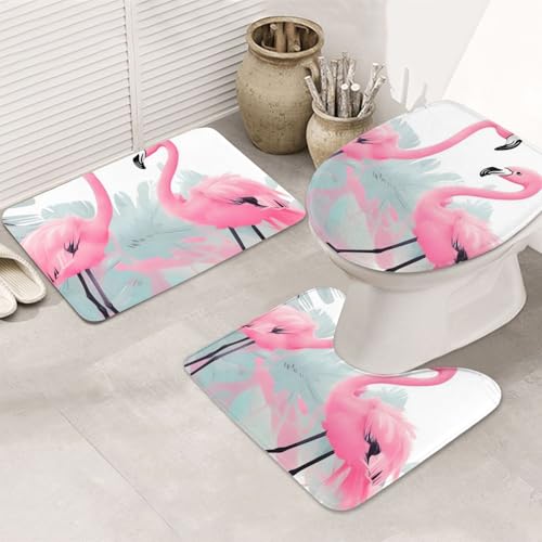 STVYUKL 3-teiliges Badezimmerteppich-Set, rutschfest, waschbar, Duschmatten mit U-förmiger Kontur, WC-Vorleger, saugfähige Mikrofaser, Badematten, rosa Flamingo, Badezimmer-Bodenmatten für Badewanne von STVYUKL