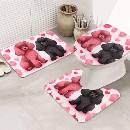 STVYUKL 3-teiliges Badezimmerteppich-Set, rutschfest, waschbar, Duschmatten mit U-förmiger Kontur, WC-Vorleger, saugfähige Mikrofaser, Badematten, rosa Pudel, Hunde, Badezimmer-Fußmatten für Badewanne von STVYUKL