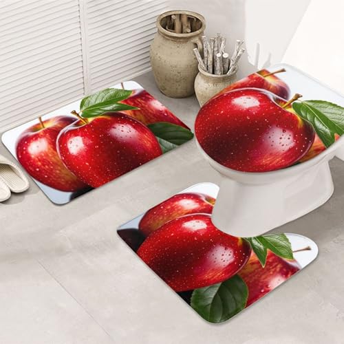 STVYUKL 3-teiliges Badezimmerteppich-Set, rutschfest, waschbar, Duschmatten mit U-förmiger Kontur, WC-Vorleger, saugfähige Mikrofaser, Badematten, roter Apfel, Obst, Badezimmer-Bodenmatten für von STVYUKL