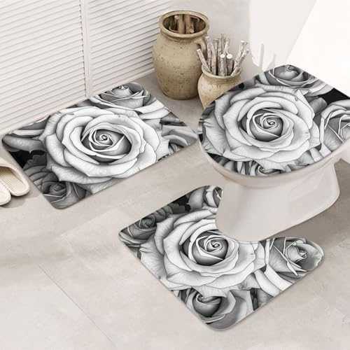 STVYUKL 3-teiliges Badezimmerteppich-Set, rutschfest, waschbar, Duschmatten mit U-förmiger Kontur, WC-Vorleger, saugfähige Mikrofaser, Badematten, schwarz-weiße Rose, Badezimmer-Bodenmatten für von STVYUKL