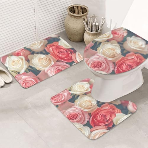 STVYUKL 3-teiliges Badezimmerteppich-Set, rutschfest, waschbar, Duschmatten mit U-förmiger Kontur, WC-Vorleger, saugfähige Mikrofaser, Badematten, weiche Farben, Rosen, Badezimmer-Bodenmatten für von STVYUKL