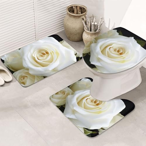 STVYUKL 3-teiliges Badezimmerteppich-Set, rutschfest, waschbar, Duschmatten mit U-förmiger Kontur, WC-Vorleger, saugfähige Mikrofaser, Badematten, weiße Rose, Badezimmer-Bodenmatten für Badewanne von STVYUKL