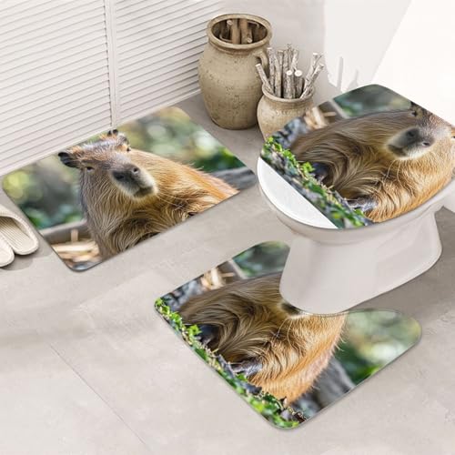 STVYUKL 3-teiliges Badezimmerteppich-Set, rutschfest, waschbar, Duschmatten mit U-förmiger Kontur, WC-Vorleger, saugfähige Mikrofaser, Badematten Capybara mit geschlossenen Augen von STVYUKL