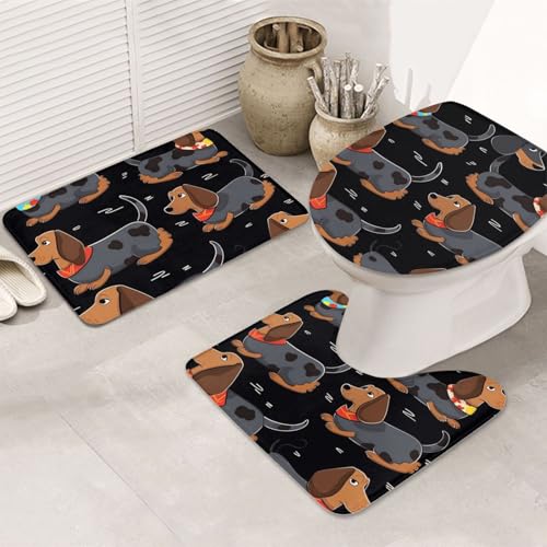 STVYUKL 3-teiliges Badezimmerteppich-Set, rutschfest, waschbar, Duschmatten mit U-förmiger Kontur, WC-Vorleger, saugfähige Mikrofaser, Badematten "I Love My Dog Dackel", Badezimmer-Fußmatten für von STVYUKL