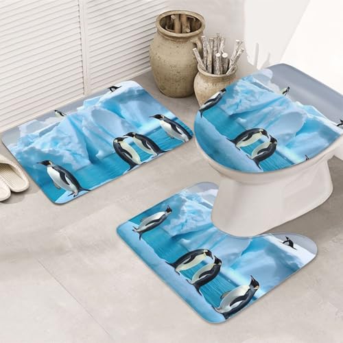 STVYUKL 3-teiliges Badezimmerteppich-Set, rutschfest, waschbar, Duschmatten mit U-förmiger Kontur, WC-Vorleger, saugfähige Mikrofaser, Badematten Pinguine auf dem Eisberg, Badezimmer-Fußmatten für von STVYUKL