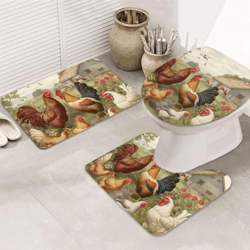STVYUKL 3-teiliges Badezimmerteppich-Set, rutschfest, waschbar, Duschmatten mit U-förmiger Kontur, WC-Vorleger, saugfähige Mikrofaser, Badematten für Hühner und Bauernhof, Badezimmer-Fußmatten für von STVYUKL