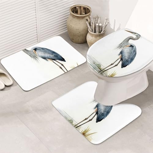 STVYUKL 3-teiliges Badezimmerteppich-Set, rutschfest, waschbar, Duschmatten mit U-förmiger Kontur, WC-Vorleger, saugfähige Mikrofaser, Badematten mit langem Schnabel, Reiher, Badezimmer-Fußmatten für von STVYUKL