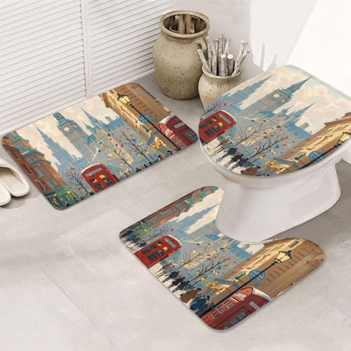 STVYUKL 3-teiliges Badezimmerteppich-Set, rutschfest, waschbar, Duschmatten mit U-förmiger Kontur, WC-Vorleger, saugfähige Mikrofaser, Badvorleger, London-Impression, Badezimmer-Fußmatten für von STVYUKL