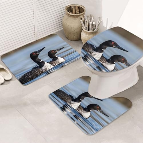 STVYUKL 3-teiliges Badezimmerteppich-Set, rutschfest, waschbar, Duschmatten mit U-förmiger Kontur, WC-Vorleger, saugfähige Mikrofaser, Badvorleger, Loon, Vögel, Badezimmer-Bodenmatten für Badewanne von STVYUKL